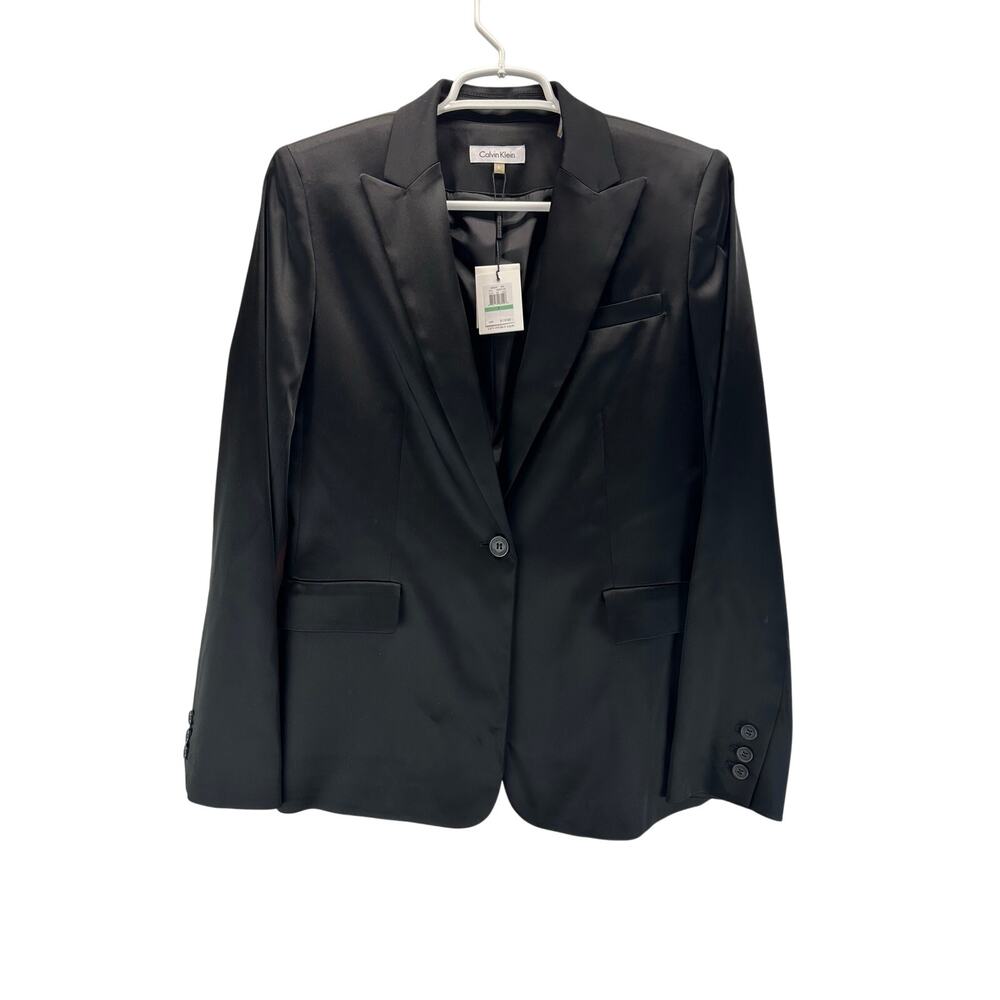 NWT Calvin Klein Black Satin Blazer Woman Single Button 8 New Years Party
